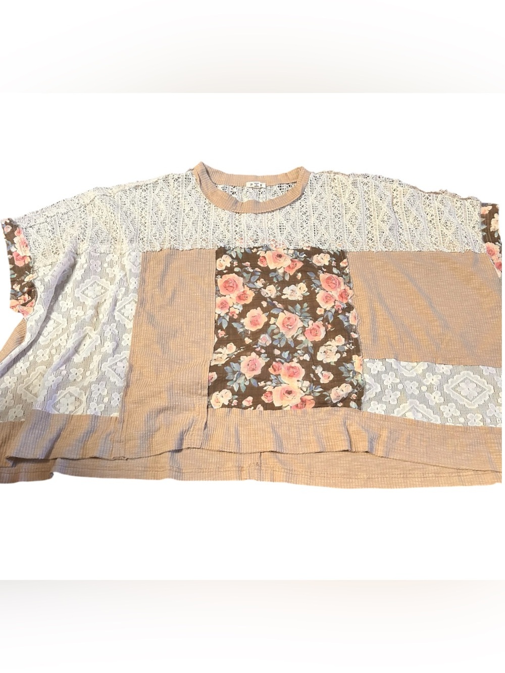 POL Patchwork Floral Lace Women’s Top in Brown and Cream euc sz lLRG